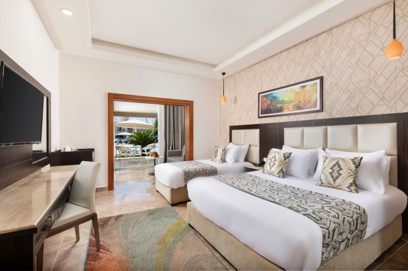 family sliding door pool view